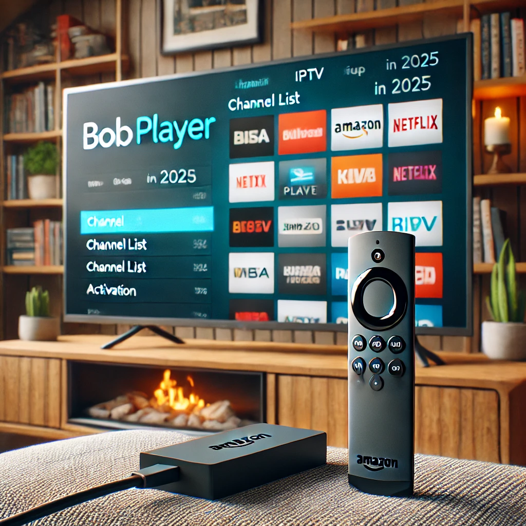 Amazon Firestick zeigt BOB Player IPTV App auf TV-Bildschirm – Installation und Aktivierung für IPTV Streaming
