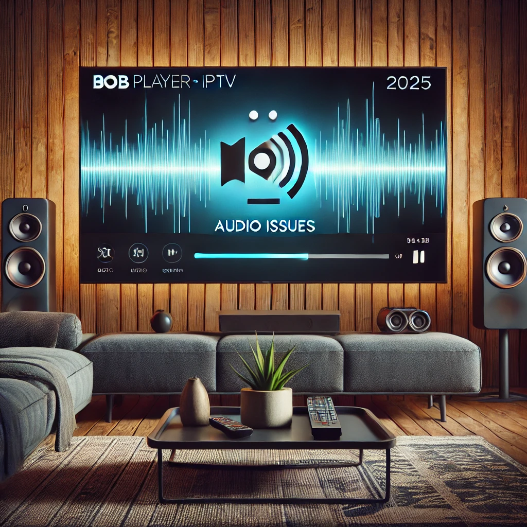 Smart TV zeigt BOB Player IPTV Benutzeroberfläche mit Audio-Fehler – Anleitung zur Behebung von Tonproblemen bei Live-Kanälen und Video-on-Demand