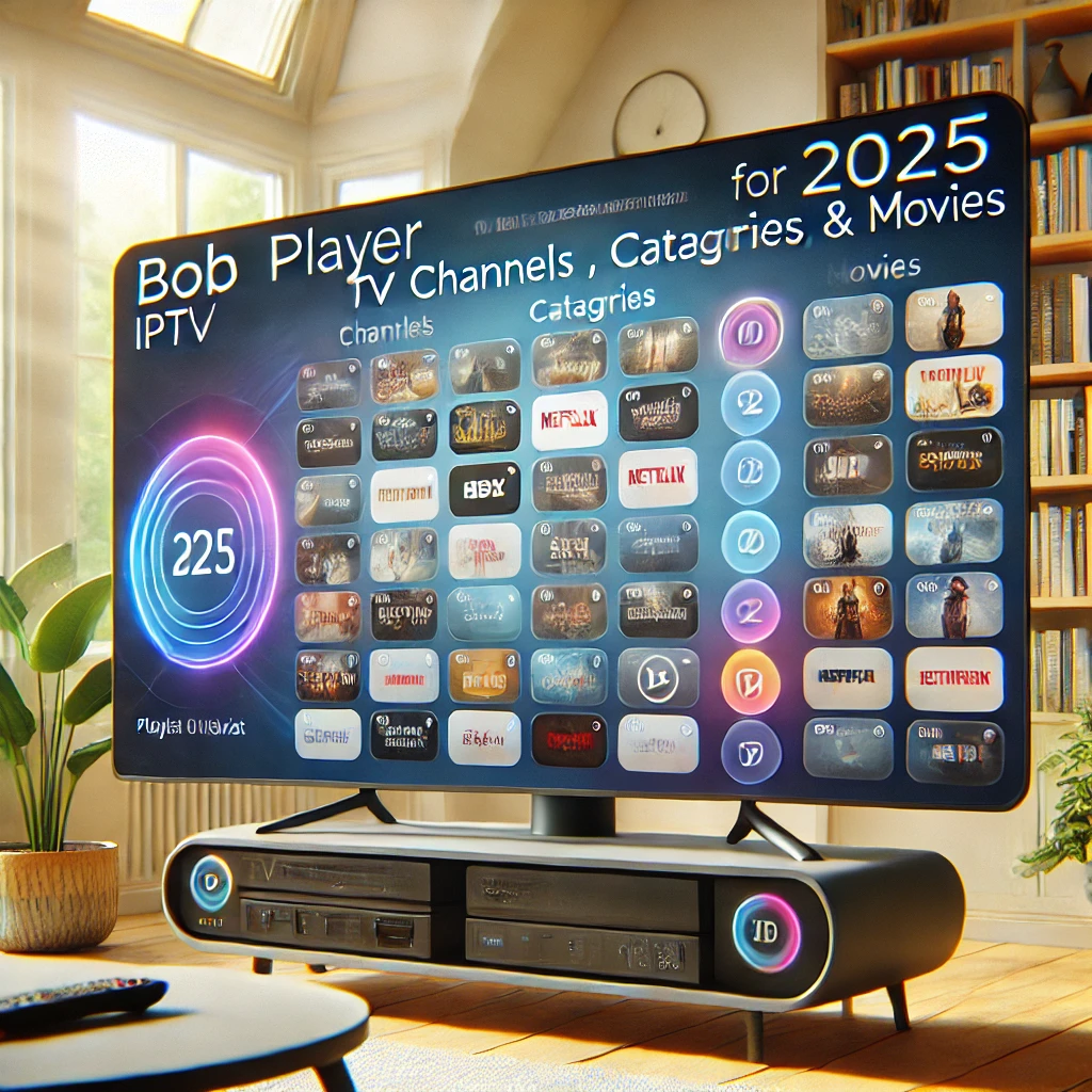Smart TV zeigt BOB Player IPTV Benutzeroberfläche mit geöffneter Playlist, Kanälen und Kategorien – Anleitung zur Einrichtung und Verwaltung von IPTV-Playlists