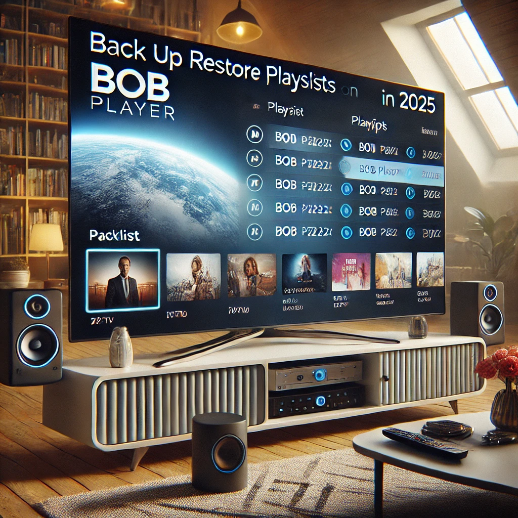 Smart TV mit BOB Player Benutzeroberfläche zeigt Wiedergabelisten-Verwaltung und Backup-Optionen für IPTV – Anleitung zur Sicherung und Wiederherstellung