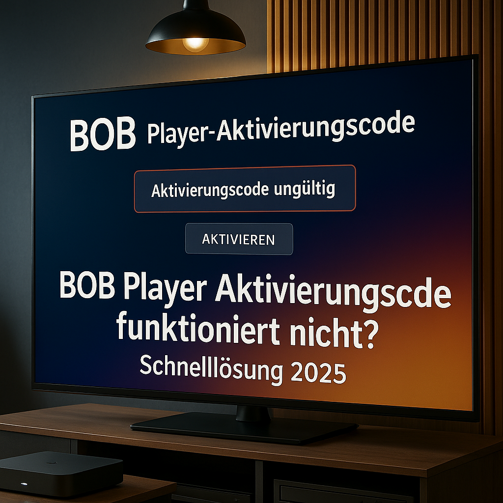 Smart-TV zeigt BOB player Aktivierungsfehler mit Hinweis „Aktivierungscode ungültig“ in einem modernen Wohnzimmer