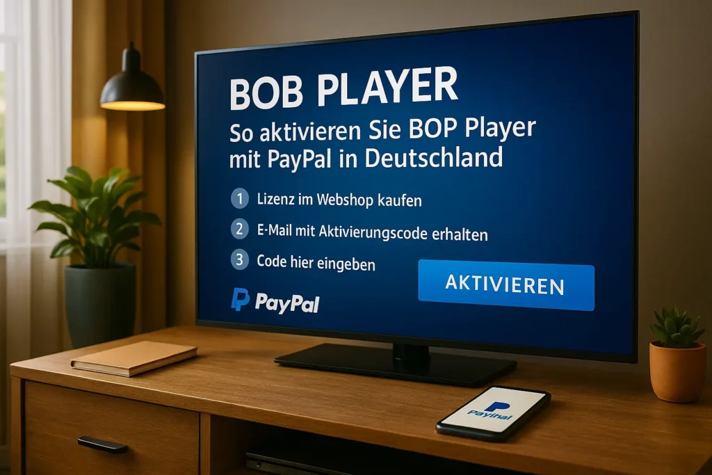 Ein moderner Smart TV zeigt die BOB Player App, während im Vordergrund eine PayPal-Zahlung zur Aktivierung durchgeführt wird
