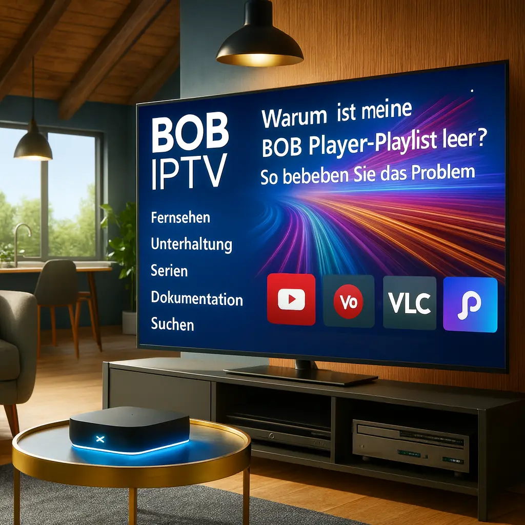 BOB Player-Logo mit dem Titel „Warum ist meine BOB Player-Playlist leer? So beheben Sie das Problem“ auf hellem Hintergrund