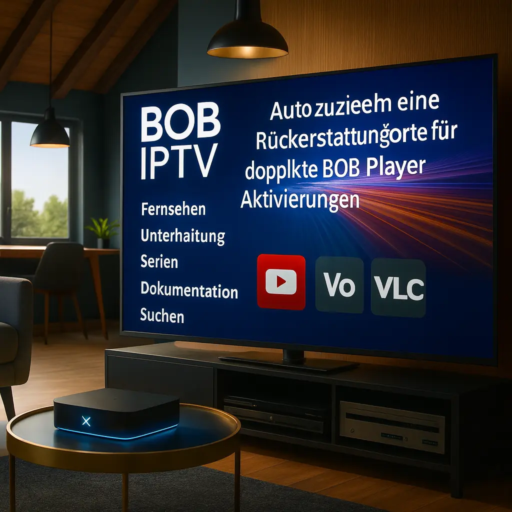 Großer Fernseher mit BOB Player Benutzeroberfläche im Wohnzimmer und Hinweis zur Rückerstattung bei doppelter Aktivierung