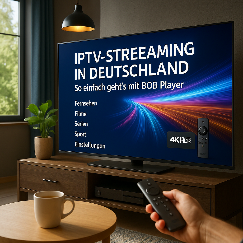 Realistischer Smart TV zeigt aktivierten BOB Player mit IPTV-Playlist in einem modernen deutschen Wohnzimmer